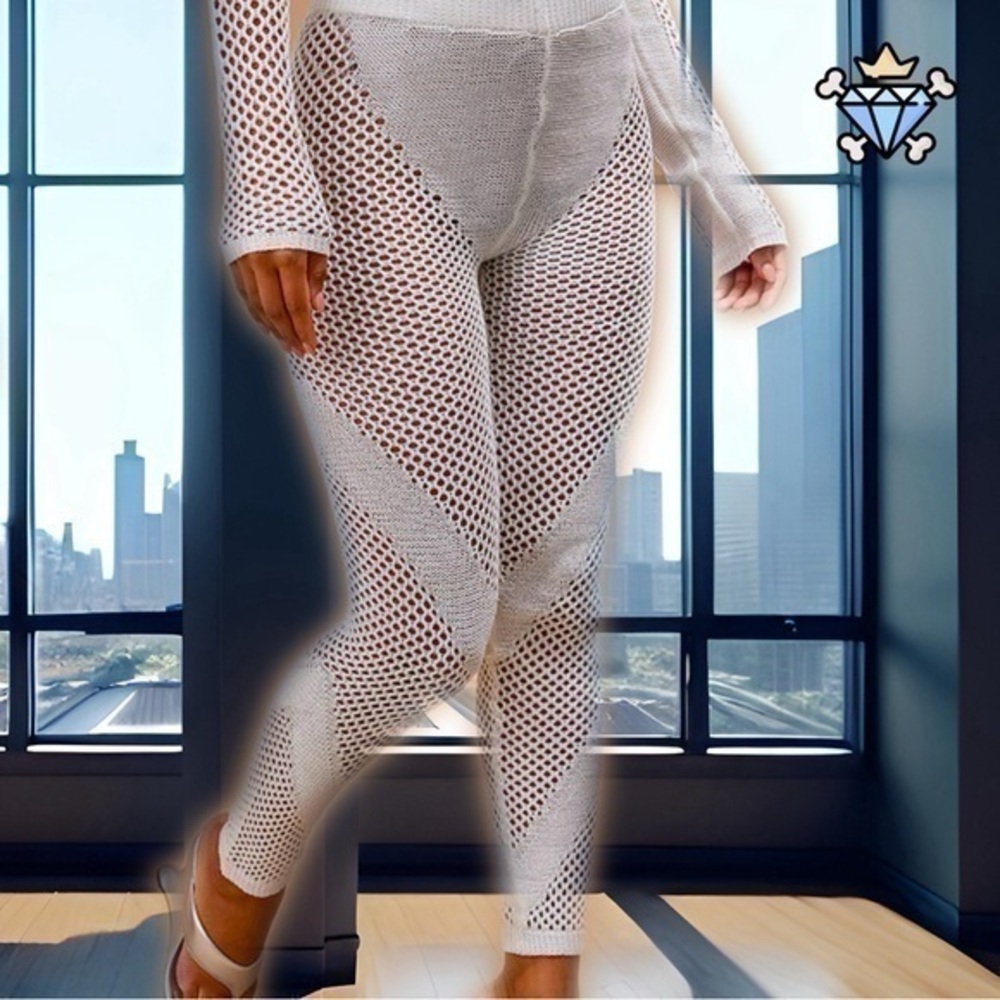 WOMENS PRETTY LITTLE THING WHITE CROCHET KNIT CONTRAST PANEL LEGGINGS MEDIUM